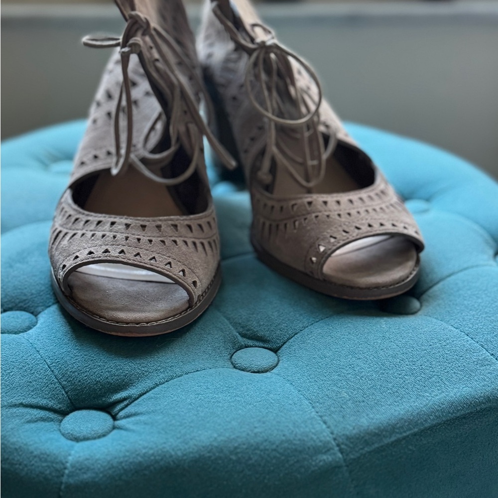 Vince Camuto Taupe Lace-Up Peep Toe Heels
